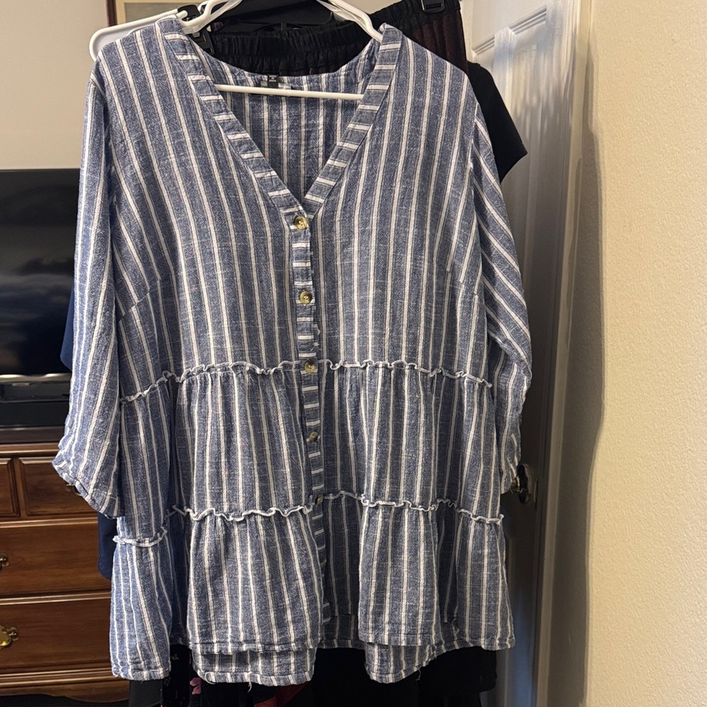 Striped Blue Button-Front Ruffle Tiered Women's Top 2X